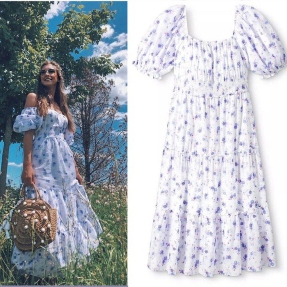 LoveShackFancy x Target Gemma Smocked Puff Sleeve Maxi Blue Lavender Dress MED